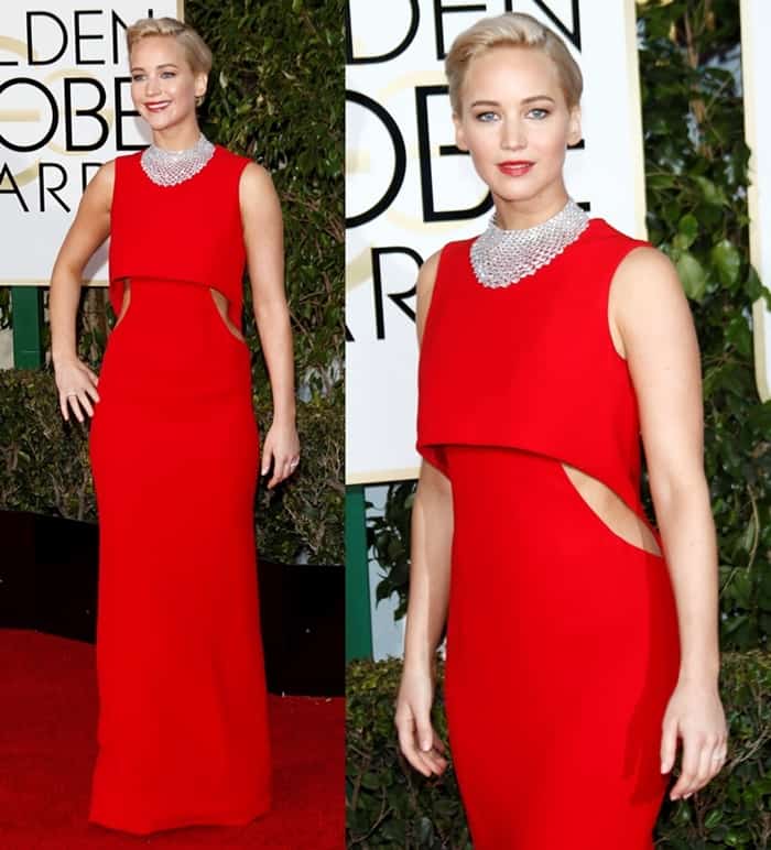 Jennifer Lawrence dazzles in a striking red Dior Couture gown, complemented by a stunning Chopard diamond necklace, at the 2016 Golden Globe Awards