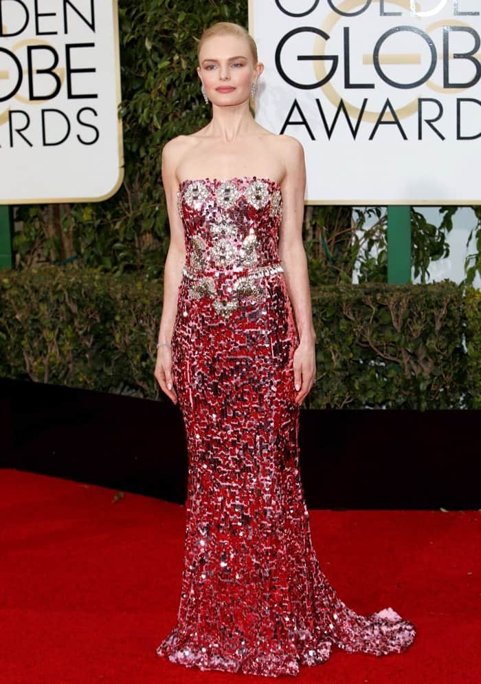 Kate Bosworth dazzles on the red carpet in a shimmering pink sequin Dolce & Gabbana gown at the 2016 Golden Globe Awards