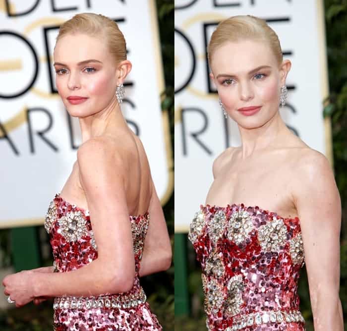 Kate Bosworth exudes elegance in a close-up of her dazzling Dolce & Gabbana gown, featuring intricate sequin and jewel embellishments