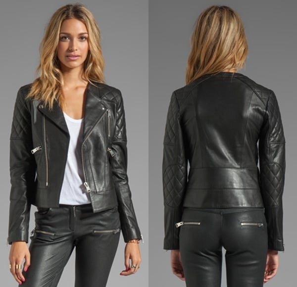 Detailed view of Ashlee Simpson's luxe Anine Bing Leather Biker Jacket priced at $999, highlighting timeless style and quality craftsmanship