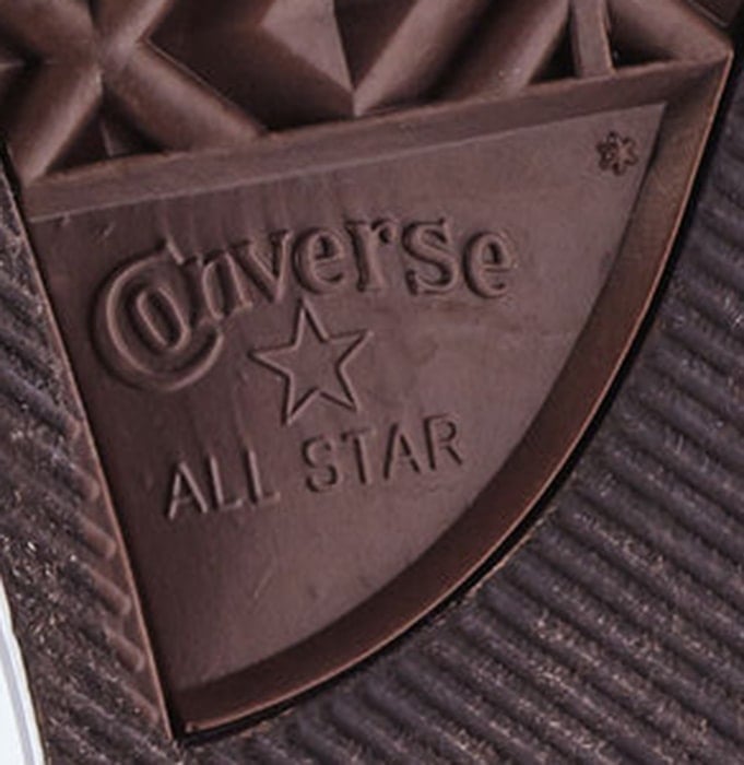 Close-up of the Converse Chuck Taylor All Star outsole showing the embossed &ldquo;CONVERSE ALL STAR&rdquo; logo and signature star detail