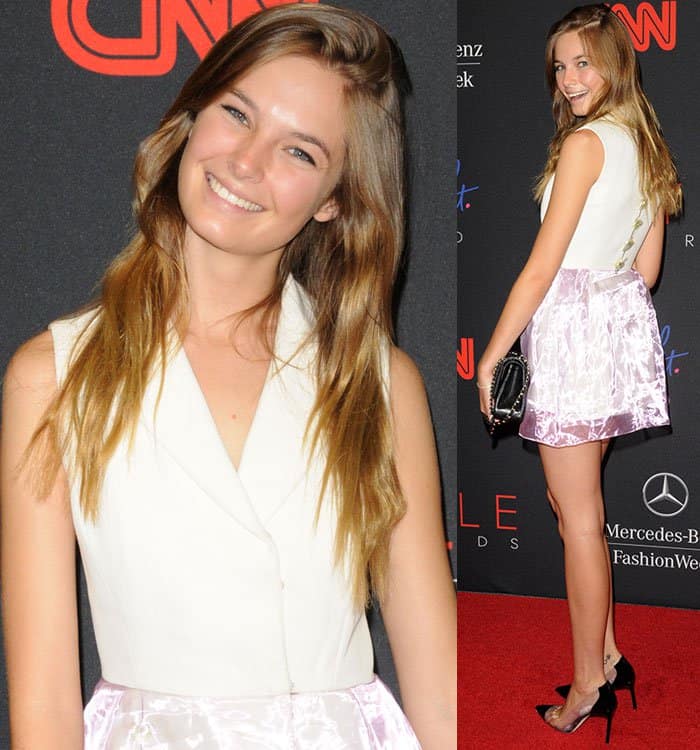 Aussie model Bridget Malcolm rocked a crisp white vest top with a metallic pink mini skirt, perfectly complemented by her transparent Gianvito Rossi PVC pumps at the 10th Annual Style Awards