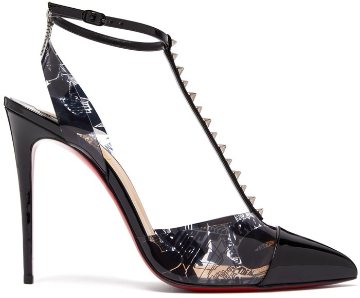 Crafted in patent leather, they feature a graffiti-printed PVC panel and a T-bar strap with silver-tone spikes &ndash; a signature hallmark of the house.