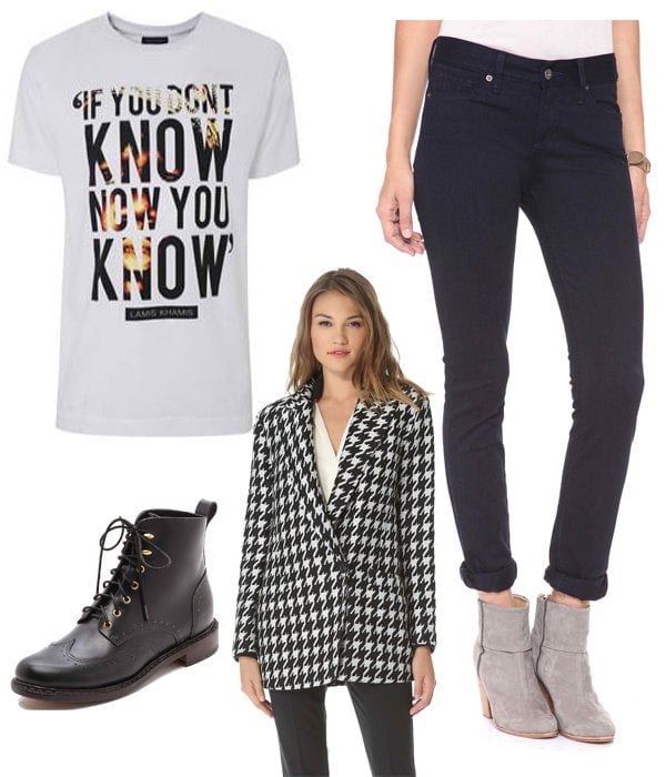 Lamis Khan If You Don&rsquo;t Know T-Shirt / Modern Saints Pencil Leg Jeans / Theory Danvey Coat / Rag & Bone Cozen Lace Up Booties