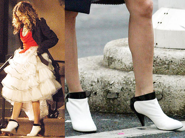 The mod black-and-white booties&nbsp;that make perfect sense to be paired with a big, poufy skirt