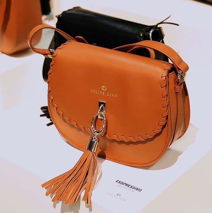 A sleek leather handbag from C&eacute;line Dion's collection featuring braided details and a chic tassel accent