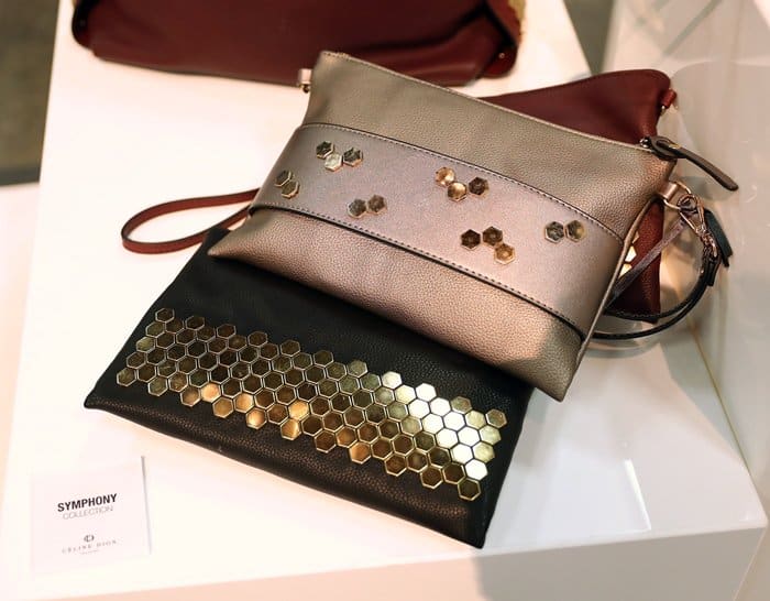Elegant clutches from C&eacute;line Dion's Symphony Collection featuring metallic hexagonal embellishments