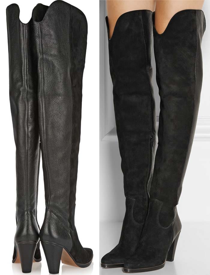 Chlo&eacute; suede and textured-leather over-the-knee boots featuring a sculpted block heel, almond toe, and softly contoured shaft for a sleek yet wearable silhouette