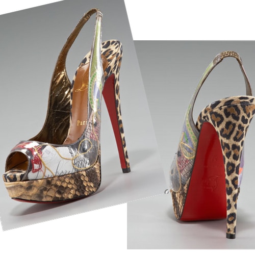 A rear view of the &ldquo;Ecotrash&rdquo; heels reveals how the towering stiletto and signature red sole contrasted with the intentionally rough, patchwork-inspired construction