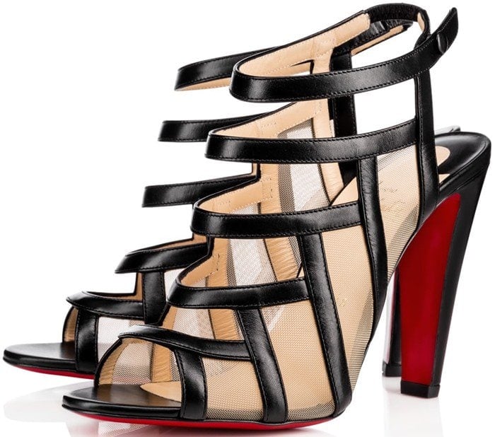 The black leather-and-mesh version of Christian Louboutin&rsquo;s &ldquo;Nicobar&rdquo; sandals features a striking geometric cage design and a bold block heel