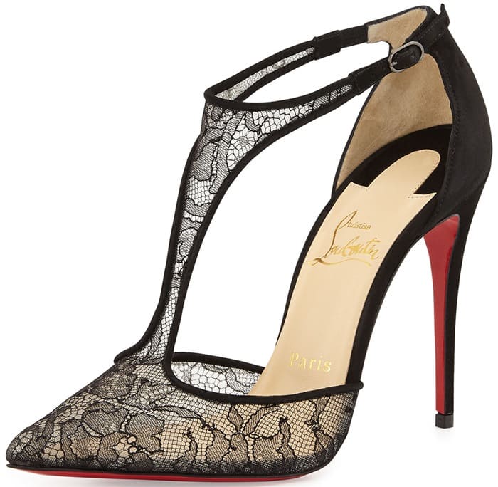 The Christian Louboutin Salonu 100 pump features Chantilly lace, mesh panels, and the designer&rsquo;s iconic red sole &mdash; the perfect mix of elegance and edge