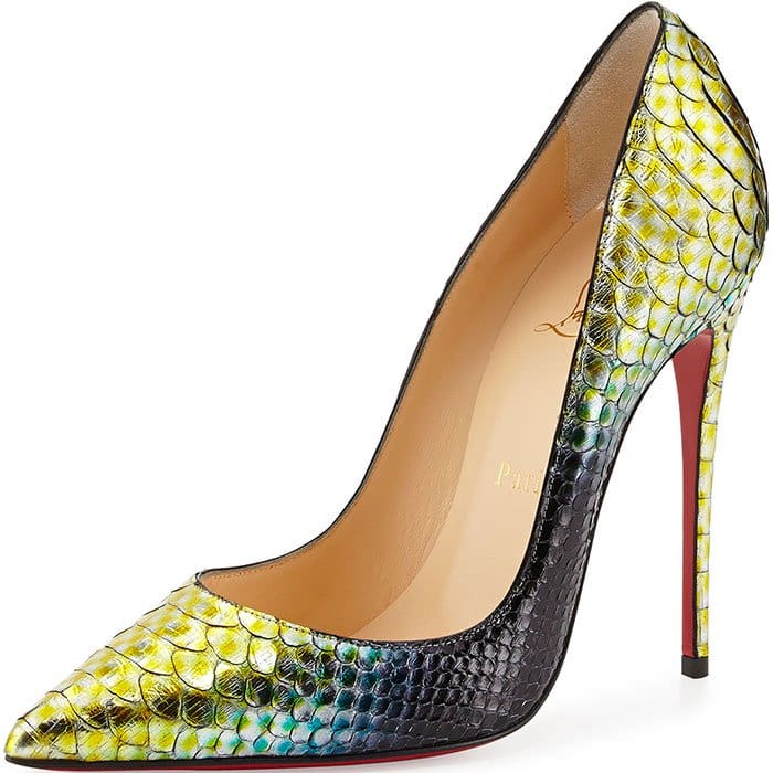 Yellow-to-black ombr&eacute; python Christian Louboutin &ldquo;So Kate&rdquo; pumps, blending high-contrast reptile scales with a dramatic gradient finish, sculpted pointed toes, and a towering stiletto set on the house&rsquo;s unmistakable red sole