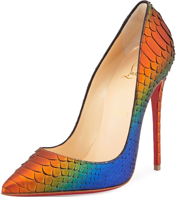 Multicolored python Christian Louboutin &ldquo;So Kate&rdquo; pumps in a vivid rainbow gradient, featuring scale-textured leather, sharply pointed toes, and a sky-high stiletto balanced by the signature red lacquer sole