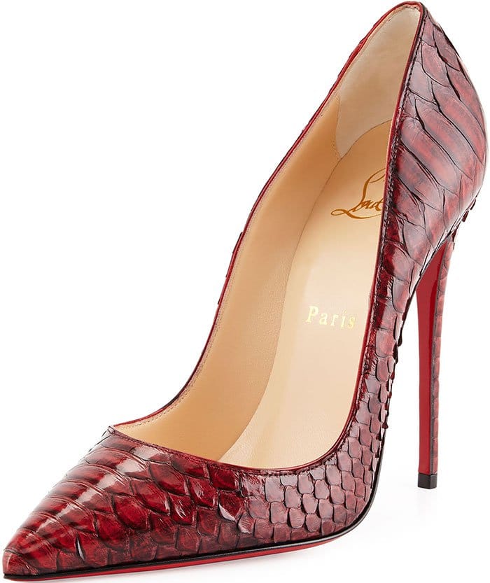 Deep burgundy python Christian Louboutin &ldquo;So Kate&rdquo; pumps with a rich, wine-toned patina, showcasing glossy scale embossing, elongated pointed toes, and a sleek stiletto heel grounded by the iconic red sole
