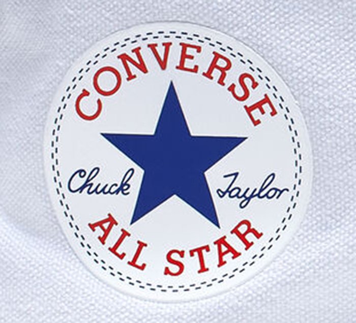 CONVERSE ALL STAR&rdquo; in red uppercase letters and Chuck Taylor signature in navy blue script with a five-pointed star