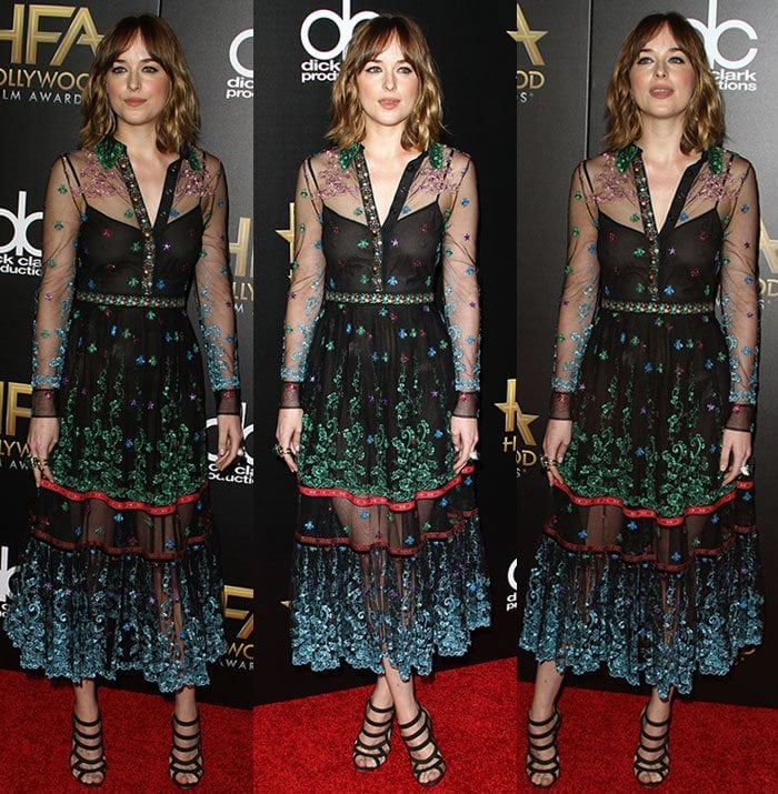 The sheer embroidered hem of Dakota&rsquo;s dress reveals her Christian Louboutin &ldquo;Nicobar&rdquo; sandals and a glimpse of her foot tattoo