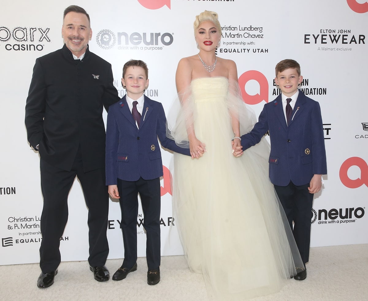 Elton&rsquo;s husband David Furnish, Chairman of EJAF, Elijah Joseph Daniel Furnish-John, Lady Gaga, and Zachary Jackson Levon Furnish-John