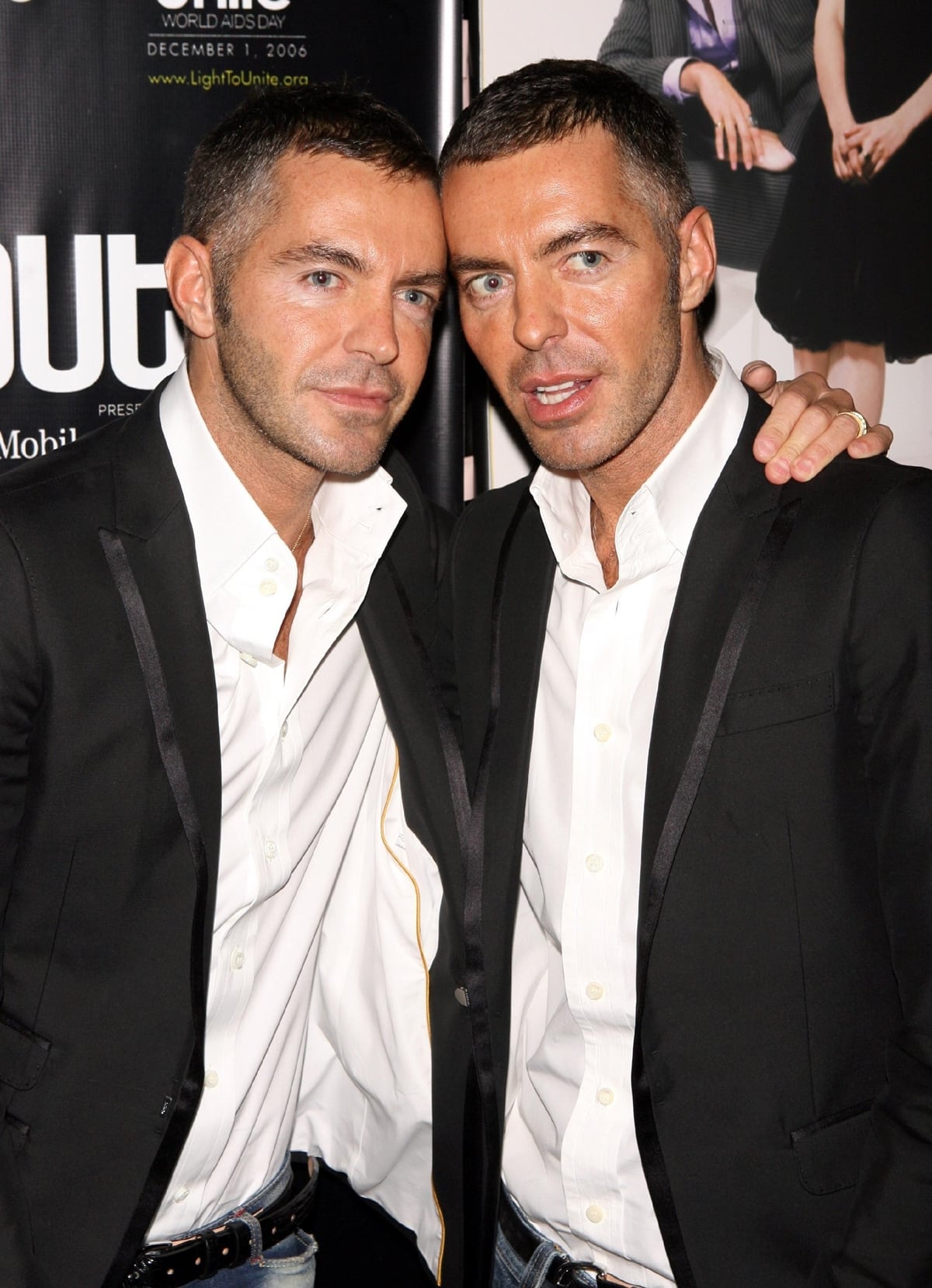 Designers Dean and Dan Caten of Dsquared&sup2; attend the Out 100 Awards in New York City on November 10, 2006, celebrating the 100 most influential people in gay culture, dressed in their signature sleek black blazers over crisp white shirts with a modern edge