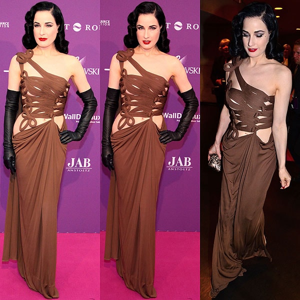 Dita Von Teese showed off plenty of her flawless porcelain skin in this risqu&eacute; Jean Paul Gaultier gown