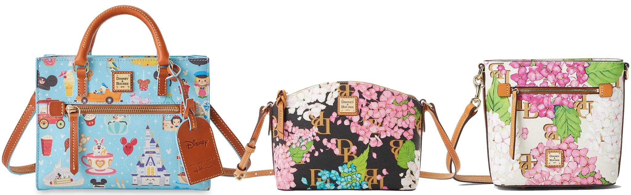 Dooney & Bourke bags showcase their signature blend of playful prints and timeless designs, including collaborations with Disney and floral-inspired collections