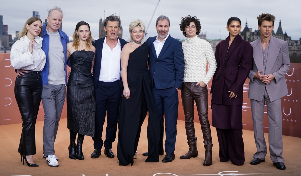 L&eacute;a Seydoux, Stellan Skarsg&aring;rd, Rebecca Ferguson, Josh Brolin, Florence Pugh, Denis Villeneuve, Timoth&eacute;e Chalamet, Zendaya, and Austin Butler at the photocall for "Dune: Part Two" at IET London on February 14, 2024 in London, England