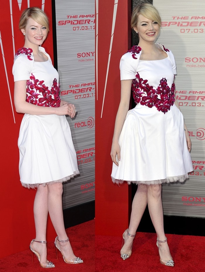Emma Stone wearing&nbsp;a beautiful white Chanel dress with red detailing