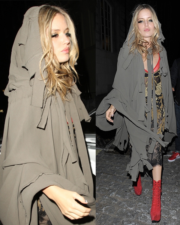 Georgia May Jagger looked tacky in a gray hoodie over a gorgeous black-and-gold lace dress at AnOther Magazine&lsquo;s party