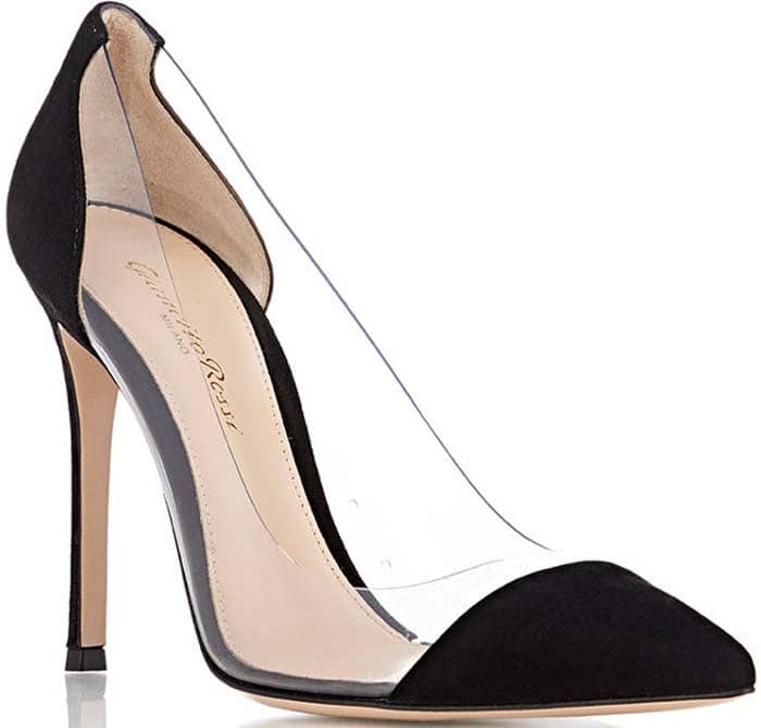 These silver-tone and black leather Plexi pumps boast a pointed toe