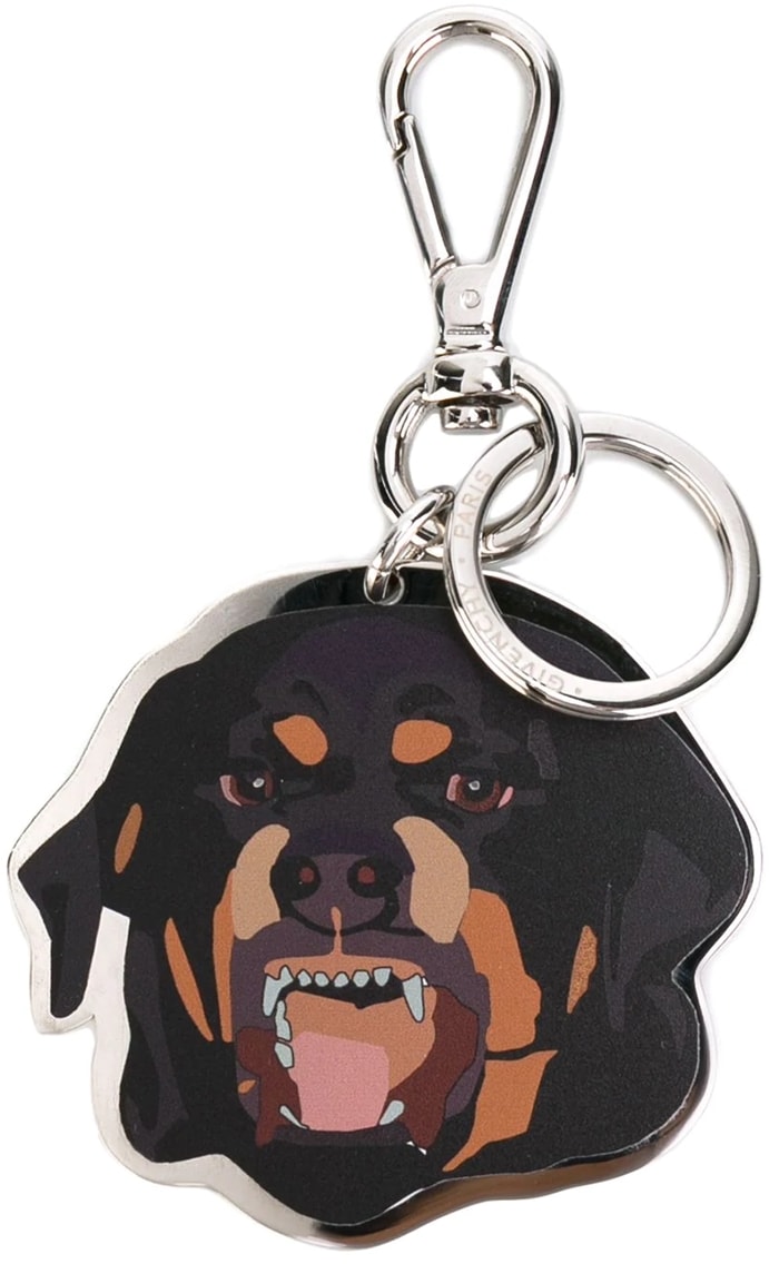 Givenchy&rsquo;s multicolored Rottweiler-inspired dog keyring turned a functional everyday accessory into a playful statement piece with graphic bite and luxury hardware detailing