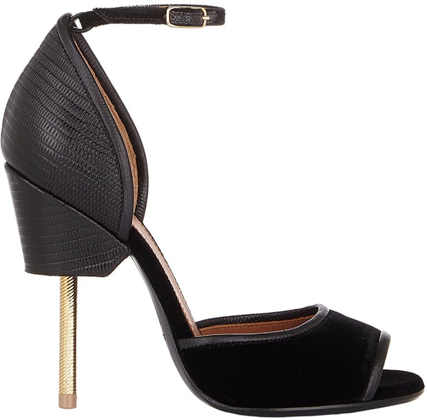 Givenchy&rsquo;s &lsquo;Matilda&rsquo; sandals elevate any look with luxe black velvet, lizard-effect leather, and a sleek gold screw-debossed heel