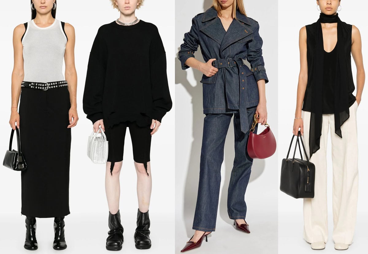 Helmut Lang ensembles illustrate the brand&rsquo;s signature balance of sharp minimalism and urban sophistication, from sleek monochrome layers to tailored denim and fluid silhouettes