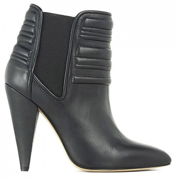 Rendered in black leather, the IRO &ldquo;Klara&rdquo; bootie highlights the brand&rsquo;s signature ribbed ankle padding and dramatic cone-shaped heel for a sleek, edgy profile