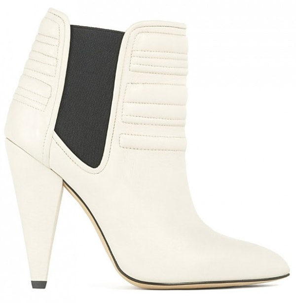 The IRO &ldquo;Klara&rdquo; ankle boots in white combine smooth leather, quilted ankle panels, and a tapered stiletto heel for a modern Parisian rock-chic finish