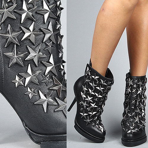 A slim heel and blocky platform set the stage for a star-studded boot