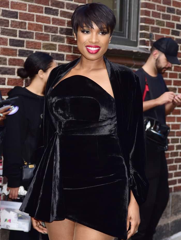 Jennifer Hudson wearing a black velvet dress outside the Ed Sullivan Theater for her guest appearance on &lsquo;The Late Show With Stephen Colbert&rsquo; in New York City on April 17, 2017