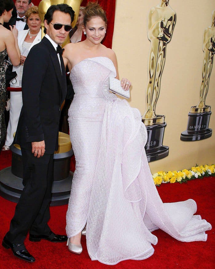 Jennifer Lopez in Giorgio Armani Priv&egrave;, posing with Marc Anthony, at the 82nd Annual Academy Awards, Oscars, at the Kodak Theatre in Los Angeles, California on March 7, 2010