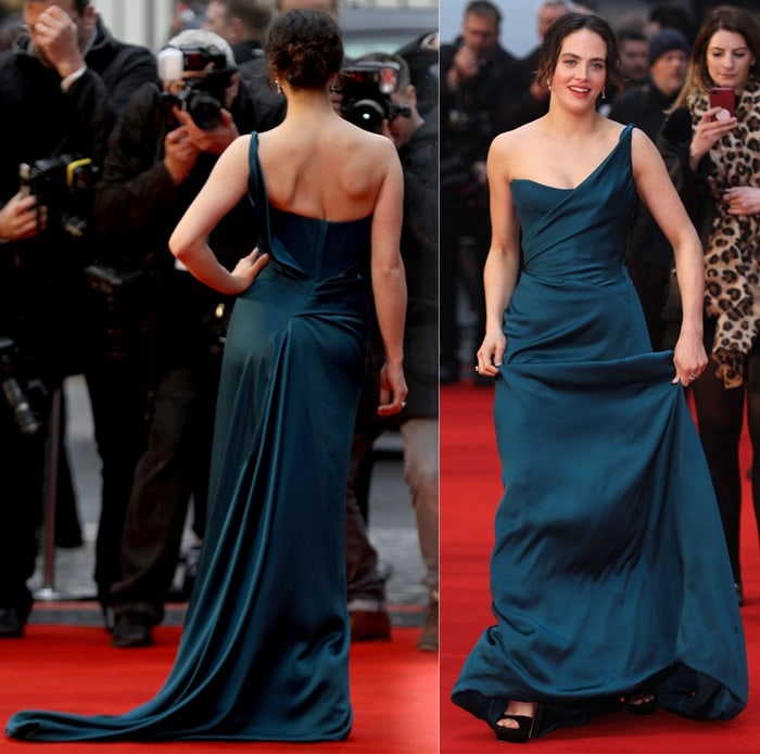 Jessica Brown Findlay in&nbsp;a glamorous dark-teal Vivienne Westwood Couture gown