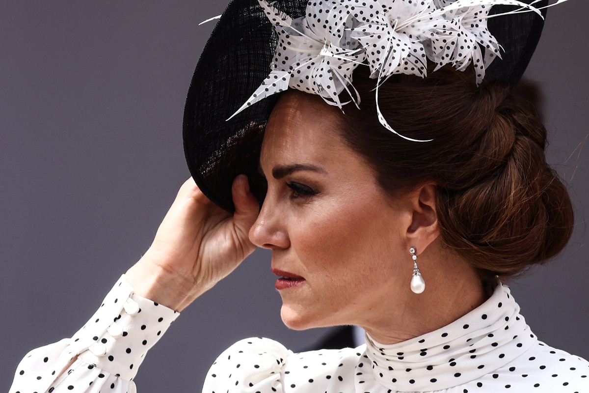 Kate Middleton pairs her dotted dress with a matching Philip Treacy hat and Princess Diana&rsquo;s Collingwood Pearl and Diamond earrings