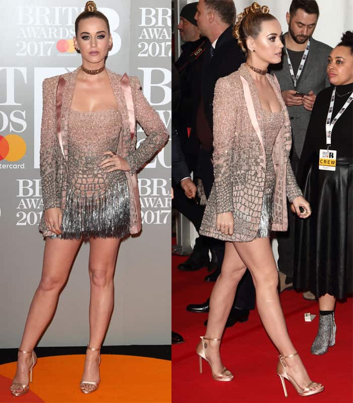 Katy Perry donned a heavily embellished two-piece ensemble from Versace&rsquo;s Spring 2017 couture collection