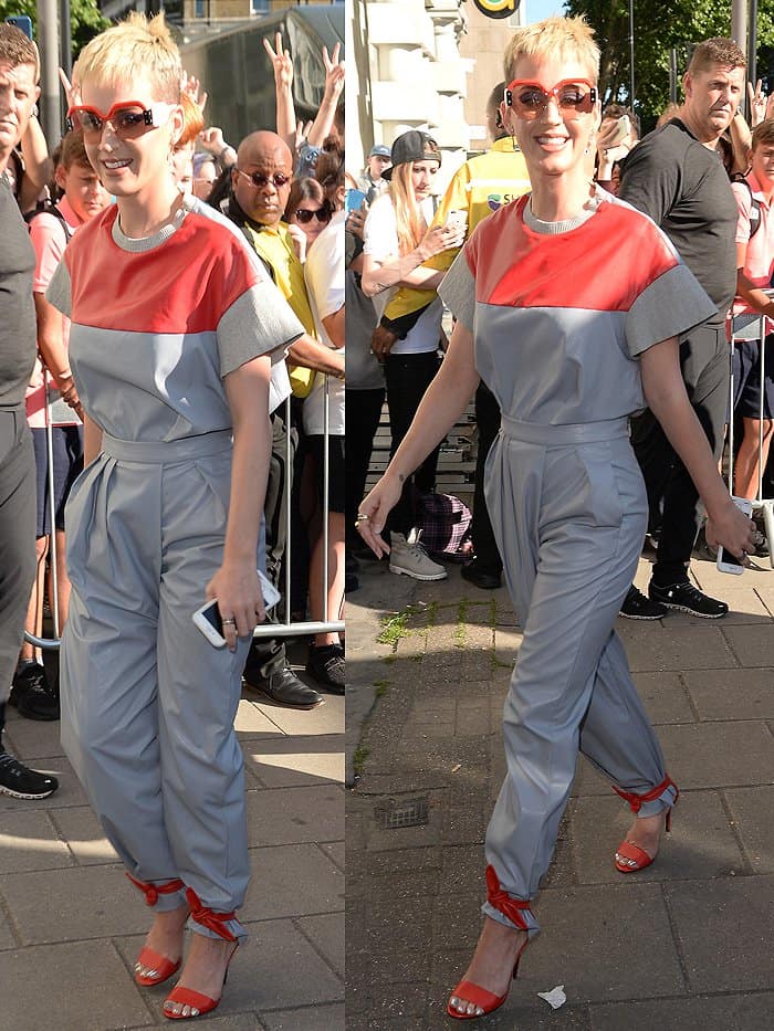 Katy Perry's&nbsp;red leather sandals with the ankle ties knotted over the hem of her pants