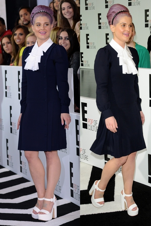 Kelly Osbourne channels retro &rsquo;60s charm in a navy button-front dress with a white ruffled collar