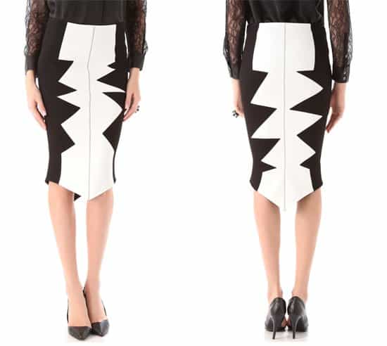 The eye-catching Kelly Wearstler Shark&rsquo;s Tooth Organto skirt showcases a unique zig-zag pattern and v-shaped hem, adding a playful twist to the classic pencil skirt design