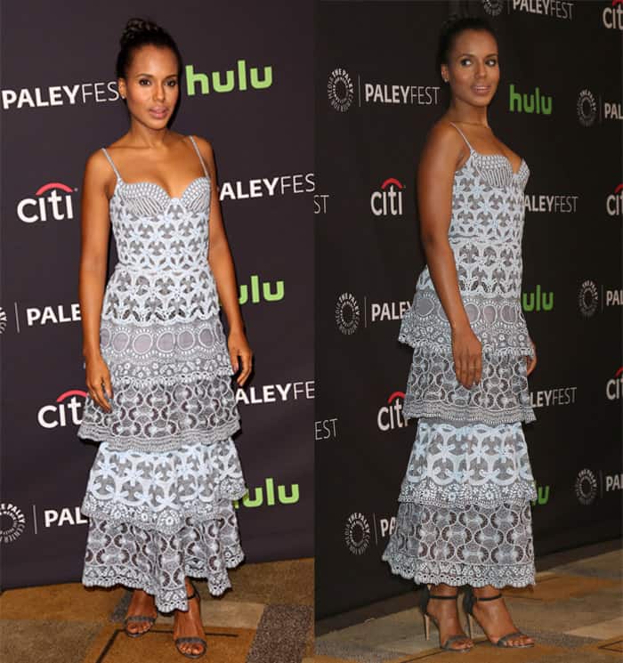 Kerry Washington exudes elegance in a tiered, lace Ulyana Sergeenko dress paired with strappy sandals at the 33rd Annual PaleyFest Los Angeles