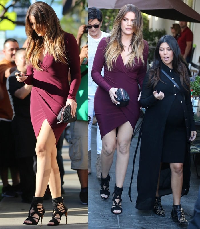 Khlo&eacute; Kardashian wearing an ox blood 'Enaj Sensation' body-con dress by Just Enaj featuring a deep-V neckline and a front drape