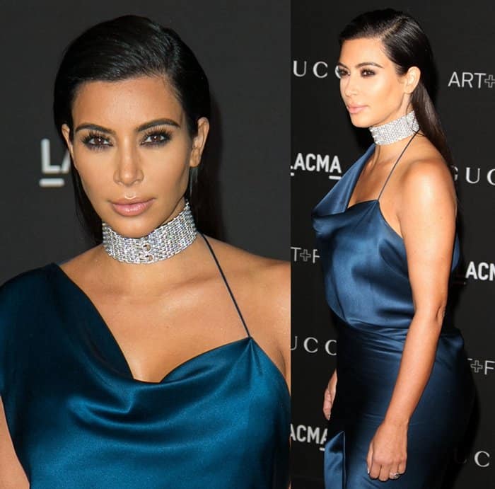 Kim Kardashian's choker is a stunning diamond Cartier piece that features multiple rows of sparkling diamonds, creating a wide, shimmering band around her neck