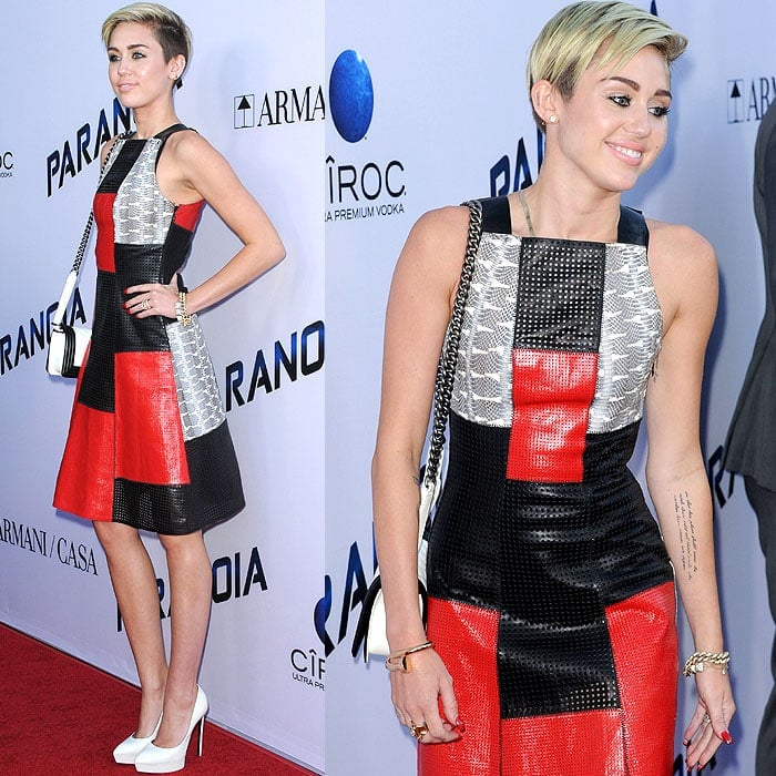 Miley Cyrus made a bold statement at the Paranoia premiere in a patchwork Proenza Schouler dress crafted from whipsnake-embossed and perforated leather