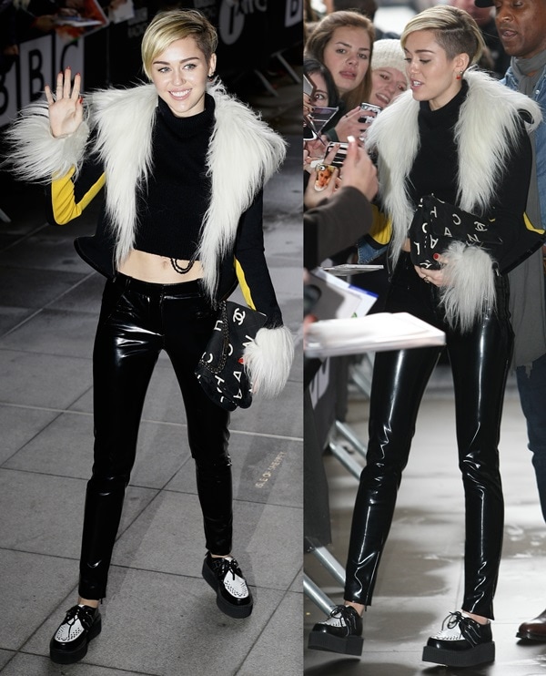 Miley Cyrus in&nbsp;skintight PVC trousers paired with a black fur-trimmed coat