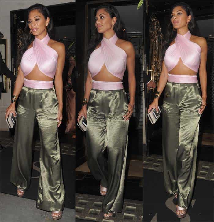 For a dinner out at Scott&rsquo;s restaurant last week, the singer wore green palazzo pants paired with a nude halter top that showed of her toned midsection and tanned glow