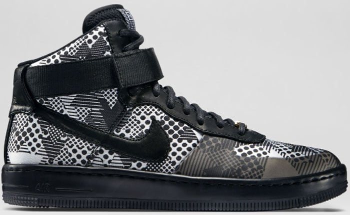 Nike Air Force 1 Ultra Force Mid &ldquo;BHM&rdquo; women&rsquo;s sneakers in a black-and-white graphic print with a mid-top silhouette, signature Swoosh logo, and Velcro ankle strap