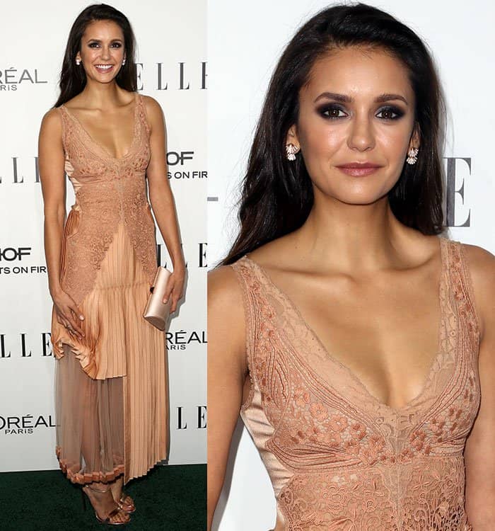 Nina Dobrev stuns in a peach-colored lace and pleated dress by Stella McCartney at ELLE&rsquo;s Women in Hollywood Awards